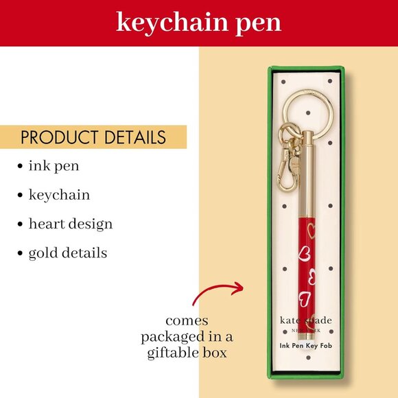 Kate Spade New York Metal Ink Pen Key Fob, Black Ink Ballpoint Keychain Pen - Picture 4 of 8